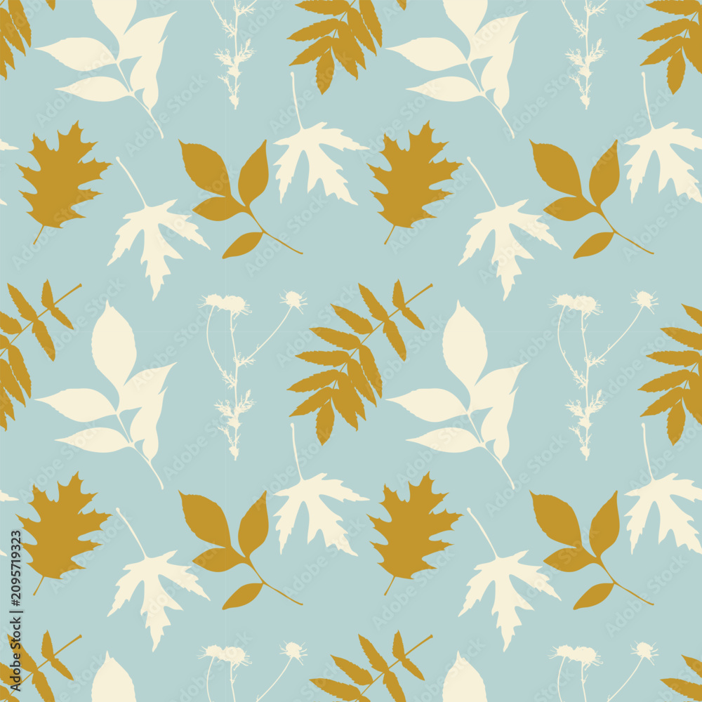Fototapeta premium Seamless pattern with autumn oak, maple, and rowan leaves in mustard yellow and cream white colors on a light blue background for seasonal home decor, textile, and gift wrap design.
