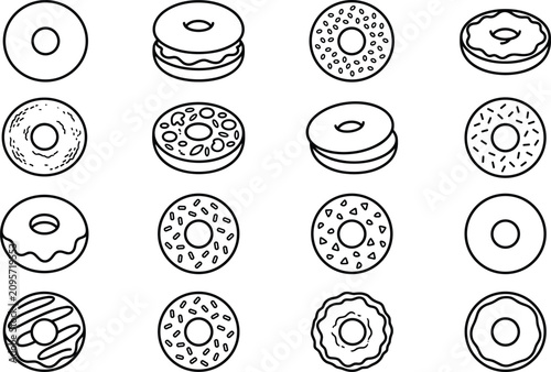 Donut and Bagel Bakery Line Icon Set Featuring Glazed Doughnuts, Sprinkles, Sandwiches, Sweet Pastries, and Cafe Breakfast Dessert Vector Symbols