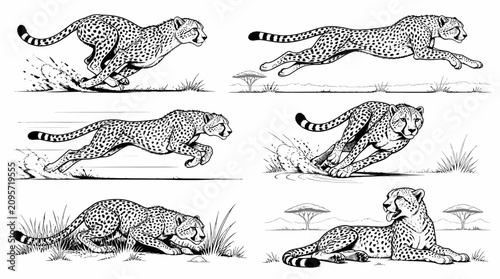Set of Cheetah Illustrations in Dynamic Running and Resting Poses