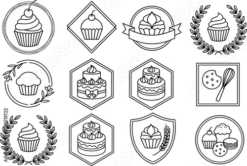 Bakery Emblem and Logo Line Icon Set Featuring Cupcakes Tiered Birthday Cakes Cookies Whisk and Wheat Badges with Laurel Wreath Geometrical Frames