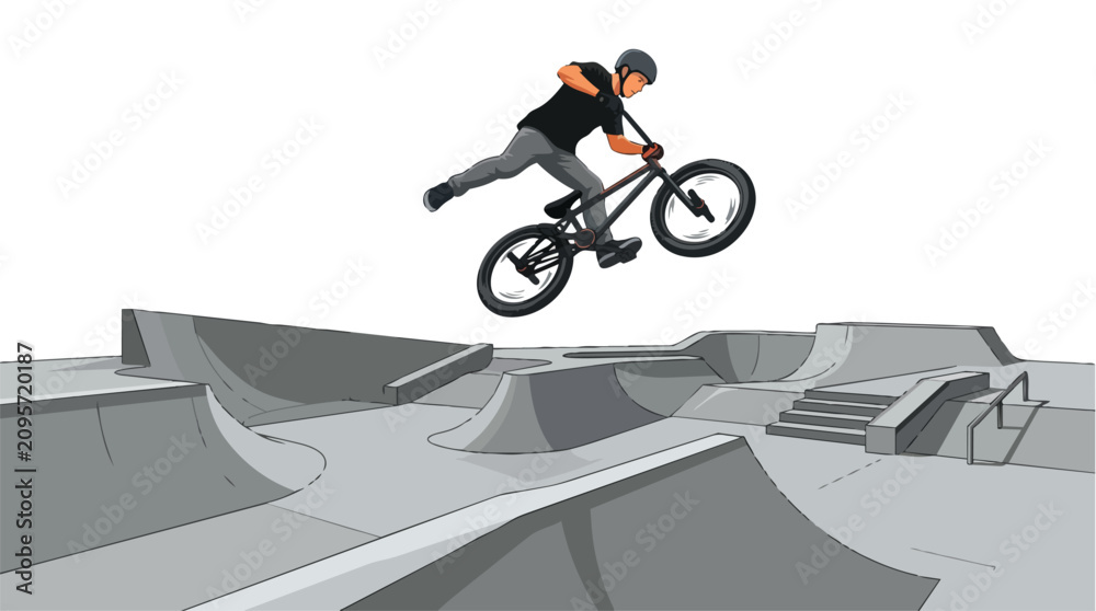 Obraz premium A BMX rider performing a trick in mid-air at a skate park.