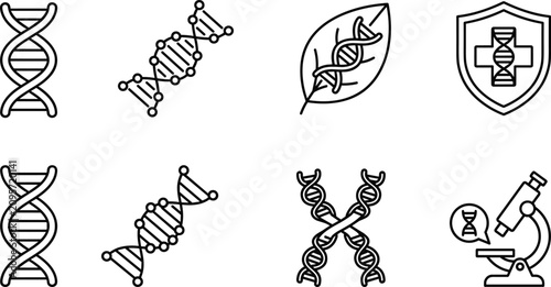 DNA Helix and Genetics Line Icon Set Featuring Double Helix Strands Bio Leaves Shield Medical Cross and Microscope Laboratory Research Symbols
