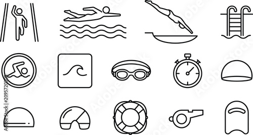 Swimming Pool and Water Sports Line Icon Set Featuring Swimmer Pictograms Diving Board Ladder Goggles Stopwatch Lifebuoy and Training Gear Symbols