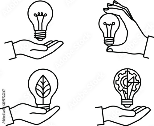 Creative Innovation and Green Energy Line Icon Set with Human Hands Holding Lightbulbs Eco Leaves and Gears for Business Brainstorming Designs