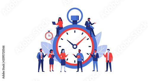 Business Time Management and Productivity Concept with Diverse Team of Professionals Around a Giant Stopwatch for Deadline and Efficiency Planning