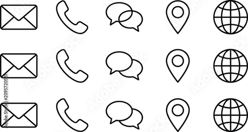 Contact Us Business Communication Icon Set Featuring Email Envelopes, Phone Receivers, Chat Speech Bubbles, Location Map Pins, and Global Web Grid Symbols