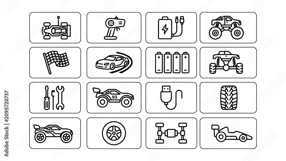 Fototapeta premium Black line icons of racing cars and accessories on white background