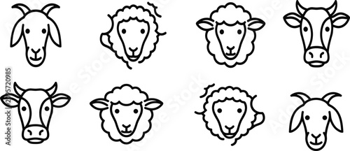 Farm Animal Head Line Icon Set Featuring Cow, Sheep, and Goat Faces for Minimalist Agricultural, Dairy, Wool, and Livestock Branding Designs