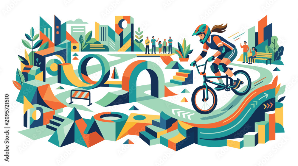Obraz premium A cyclist riding a bicycle through an urban skatepark obstacle course.