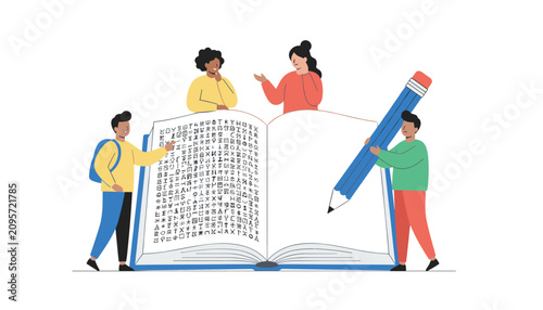 Students and teachers gathered around a giant open book with complex symbols illustrating education and academic research.
