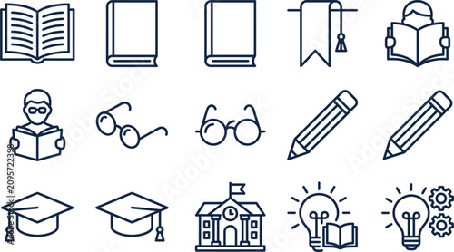 Schilderij op canvas Education icons set books learning and academic symbols in line art