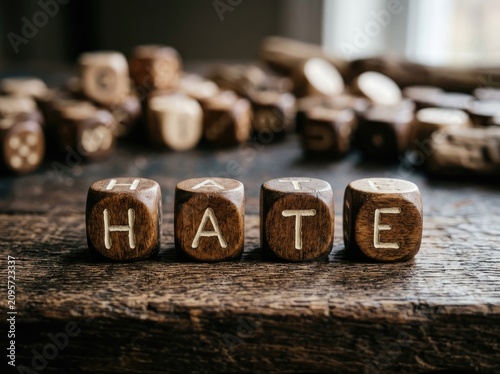 Wooden letter blocks spelling HATE on a rustic surface, emotion Concept, expressing negativity and animosity through carved letters.