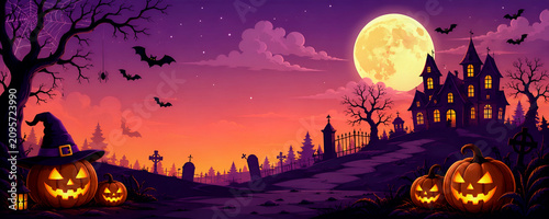 Happy Halloween wallpaper with Haunted Graveyard, Ghosts, Full Moon, Creepy Tree and Purple Night Sky