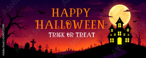 Happy Halloween Greeting Card with Haunted Graveyard, Ghosts, Full Moon, Creepy Tree and Purple Night Sky