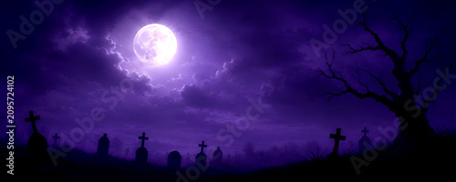 Spooky Haunted Graveyard Background with Full Moon, Dead Tree, Purple Clouds and Cemetery at Night