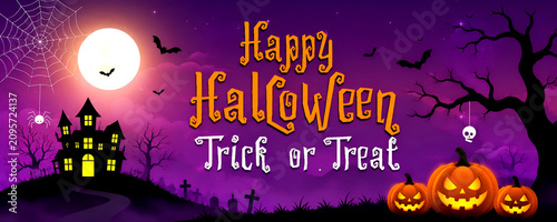 Happy Halloween Background with Haunted Graveyard, Ghosts, Full Moon, Creepy Tree and Purple Night Sky