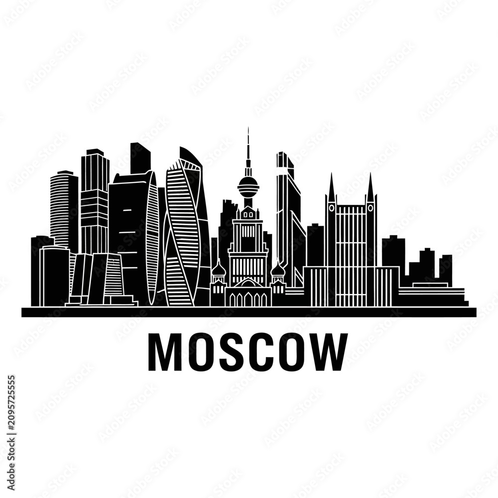 Obraz premium Moscow skyline silhouette, black and white icon illustration.