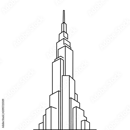 Minimalist line art illustration of Burj Khalifa skyscraper in Dubai