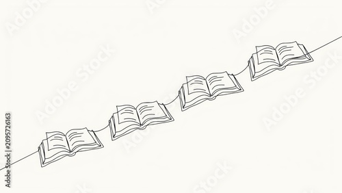 Continuous line drawing of open books gradually increasing in size representing learning progression.
