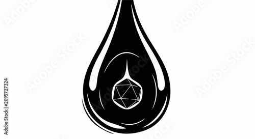 Ink drop containing a polyhedral dice, symbolizing creativity and chance