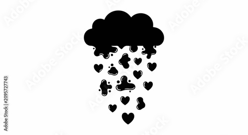 Heart shaped raindrops falling from a dark cloud symbolizing love and emotion.