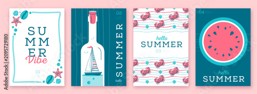 Foto Set of summer striped sea vacation posters or covers
