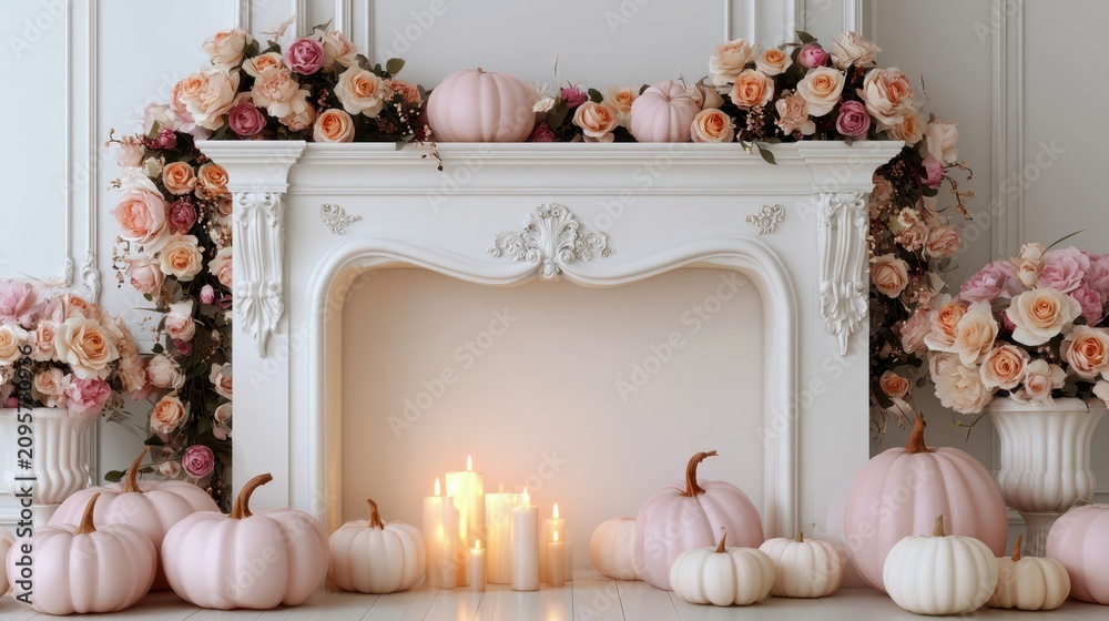 Obraz premium Elegant autumn fireplace decor with pastel pumpkins and soft floral arrangements