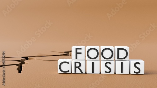 Tableau sur toile A 3D rendering of a row of white blocks arranged to spell the phrase FOOD CRISIS and a deep, jagged fault line or crack cuts through the ground, spreading outward