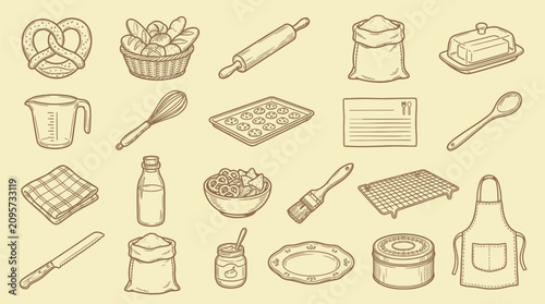 Photos Collection of baking and cooking utensils and ingredients, hand-drawn in a vintage style on a beige background