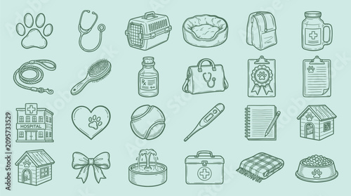 Collection of veterinary clinic icons and pet care symbols in a hand-drawn sketch style on a light green background.