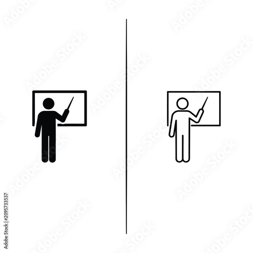Two stick figures standing in front of whiteboards with pointers  education and presentation concept