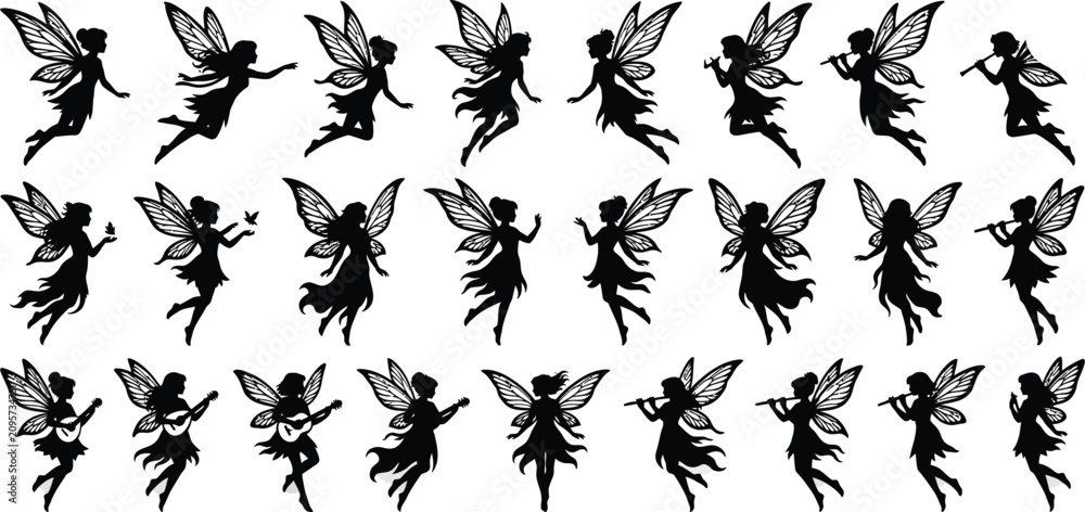 Fototapeta premium Fairy silhouettes collection black vector illustration on a white background