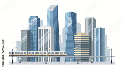 Skyscrapers and modern trains create a bustling metropolitan cityscape with commuters walking along the urban transit platform.