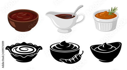 Collection of Barbecue Sauce Vector Illustrations in Elegant Bowls, Gravy Boats and Sauce Dishes with Gourmet Garnishes, Flat Editable Design, Isolated on White Background