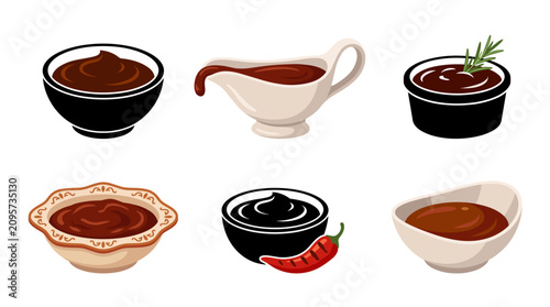 Collection of Barbecue Sauce Vector Illustrations in Elegant Bowls, Gravy Boats and Sauce Dishes with Gourmet Garnishes, Flat Editable Design, Isolated on White Background