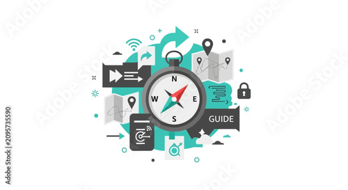 Modern Flat Illustration of a Compass with Map, Location Pins, and Travel Icons Representing Navigation, Strategy, and Digital Guidance Concepts