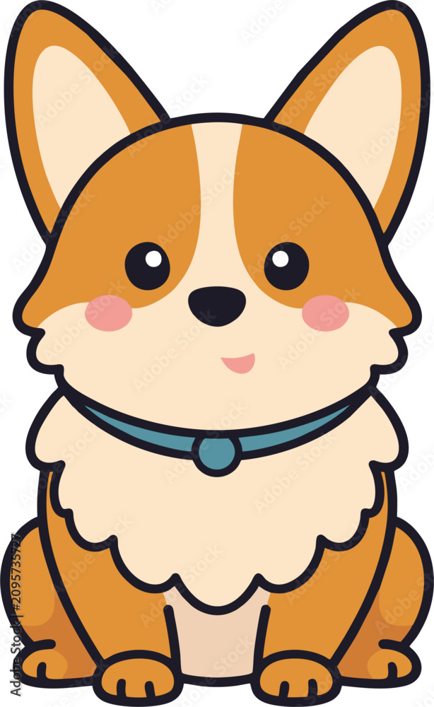 Fototapeta premium Cute Kawaii Corgi Puppy Illustration Featuring an Adorable Sitting Dog with a Blue Collar in Vector Style