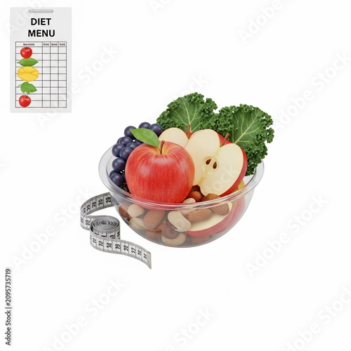 Healthy Food Bowl with Measuring Tape and Diet Menu Chart for Weight Loss and Nutrition Isolated on White Background