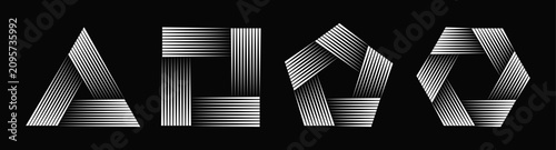 Collection of monochrome optical illusion geometric elements. Blend speed lines in triangle, rectangle, pentagon and hexagon form. Design element for logo, prints, template. Vector illustration