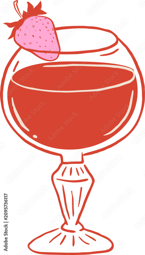 Fototapeta premium Whimsical cocktail glass with strawberry. Hand drawn party drinks vector illustration series for birthdays, weddings, Valentine and New Year celebration designs.