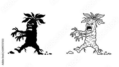Tableau sur toile Mandragora Plant Illustration: A stylized illustration of a mandragora plant with a monstrous face and outstretched arms, presented in both silhouette and line drawing forms