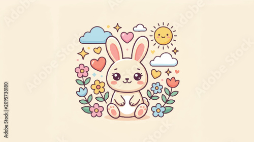 Fényképezés Cute Cartoon Bunny Sitting Upright Smiling.