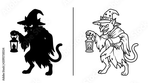 Φωτογραφία Spooky Goblin Duo: A shadowy silhouette and a detailed line drawing of a mischievous goblin, complete with a pointy hat and a flickering lantern, showcase a creature of fantasy and folklore