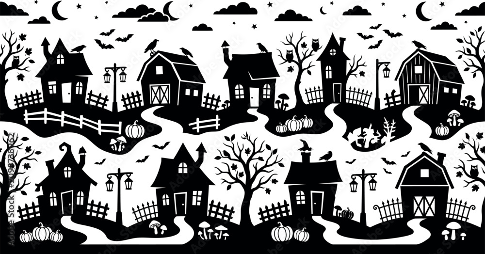 Fototapeta premium Halloween Haunted Village Landscape Silhouette for Spooky Backgrounds