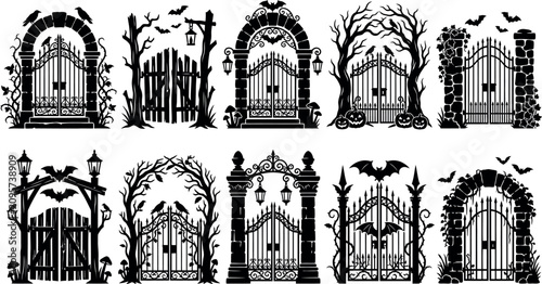 Fotografie Spooky Halloween Gates and Archways Silhouette Vector Design Elements