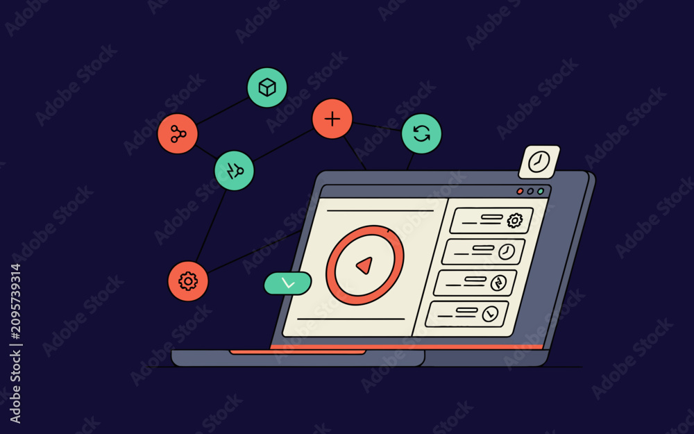 Naklejka premium Laptop displaying a video content management interface with a connected network of functional system icons