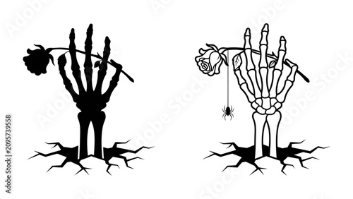 Konstfotografi Skeleton Hand With Rose: A skeletal hand emerges from cracked earth, clutching a wilting rose