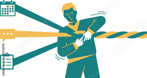 Overworked businessman in green and yellow isometric illustration with motion lines for business