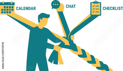 Businessman juggling tasks in colorful minimalist illustration for productivity and time management