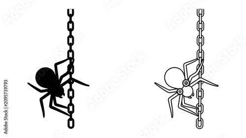Fotografie Spider Climbing Chain: A stylized illustration of a spider, depicted in both silhouette and line art, skillfully climbing a metal chain